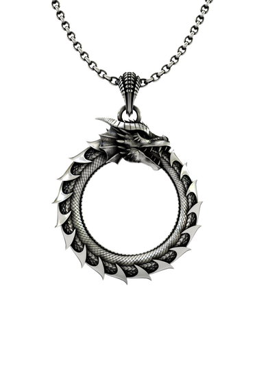 Dragon Ouroboros Pendant in 925 sterling silver, front view showing the dragon eating its tail to form a circle.