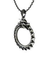 Dragon Ouroboros Pendant in 925 sterling silver worn by a model as a bold statement necklace.