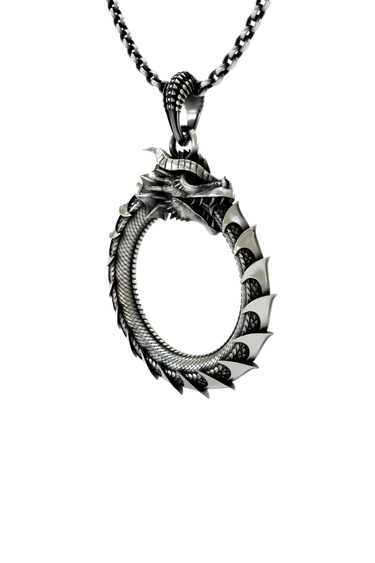 Dragon Ouroboros Pendant in 925 sterling silver worn by a model as a bold statement necklace.