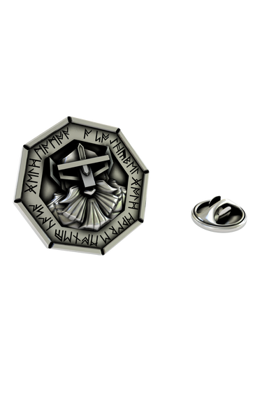 Dwarven Lapel Pin in 925 sterling silver, front view of the fantasy dwarf warrior with a runic border.