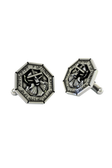 Dwarven Warrior 925 sterling silver cufflinks - angled view of the pair, showcasing the bold runic engravings on the octagonal frame.
