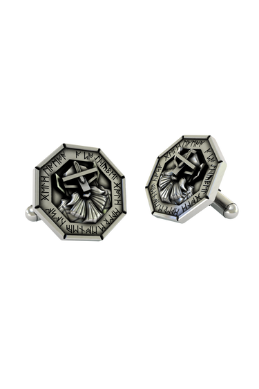 Dwarven Warrior 925 sterling silver cufflinks - angled view of the pair, showcasing the bold runic engravings on the octagonal frame.