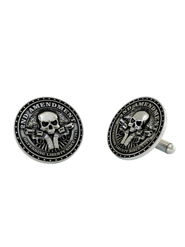 Dynamic shot of the 2nd Amendment 925 silver cufflinks pair, emphasizing the bold lettering and patriotic theme.