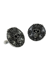 Dynamic shot of the Aztec Skull 925 silver cufflinks pair, emphasizing the detailed filigree and the powerful design of the headdress.