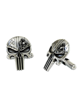 Dynamic shot of the Biker Punisher 925 silver cufflinks pair, emphasizing the contrast between the polished skull and detailed motifs.
