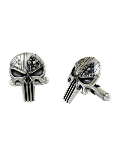 Dynamic shot of the Biker Punisher 925 silver cufflinks pair, emphasizing the contrast between the polished skull and detailed motifs.