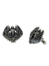 Dynamic shot of the Bird of Prey 925 silver cufflinks pair, emphasizing the detailed craftsmanship of the layered feathers.