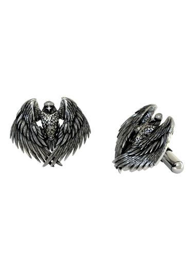 Dynamic shot of the Bird of Prey 925 silver cufflinks pair, emphasizing the detailed craftsmanship of the layered feathers.