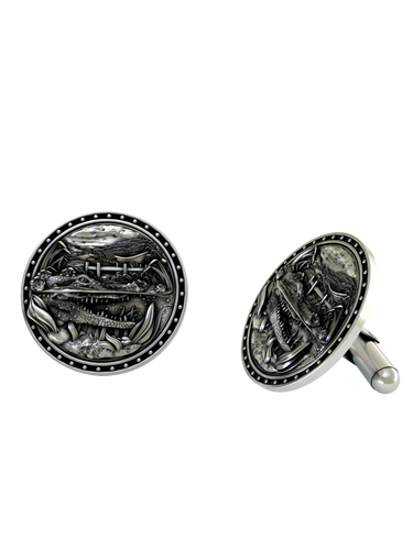 Dynamic shot of the Crocodile wildlife 925 silver cufflinks pair, emphasizing the contrast and intricate textures of the reptile's skin.