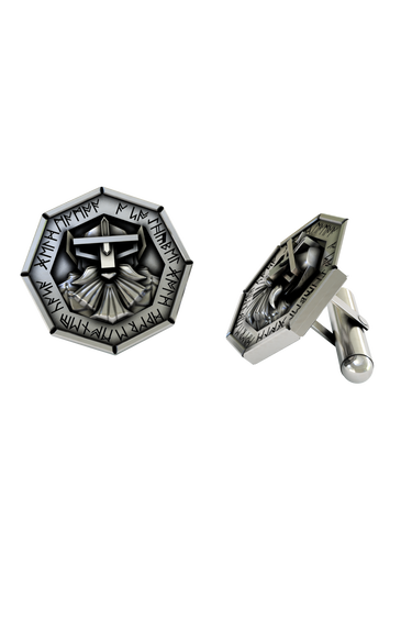 Dynamic shot of the Dwarven Warrior 925 silver cufflinks pair, emphasizing the detailed helmet, beard, and engraved rune craftsmanship