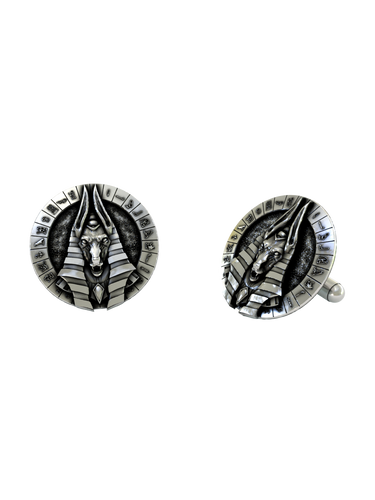 Dynamic shot of the Egyptian Anubis 925 silver cufflinks pair, emphasizing the detailed hieroglyphs and textured background.