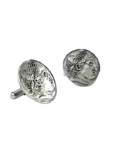 Dynamic shot of the Greek God Apollo 925 silver cufflinks pair, emphasizing the detailed craftsmanship of the laurel wreath.