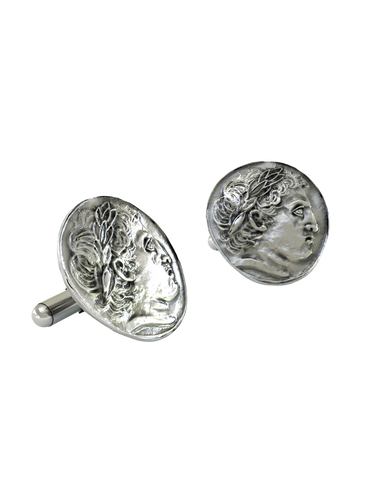 Dynamic shot of the Greek God Apollo 925 silver cufflinks pair, emphasizing the detailed craftsmanship of the laurel wreath.