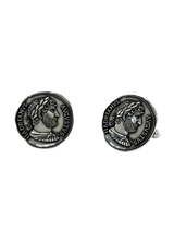 Dynamic shot of the Hadrian Augustus 925 silver cufflinks pair, emphasizing the detailed laurel wreath and beard.
