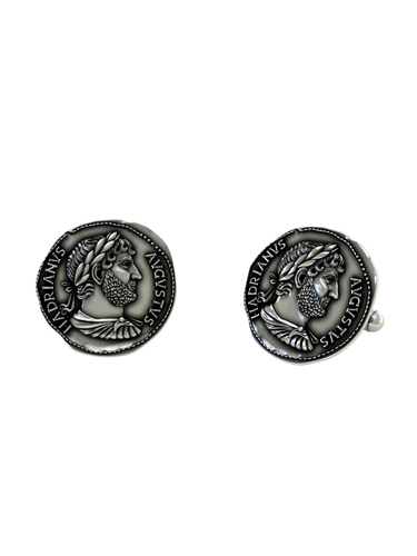 Dynamic shot of the Hadrian Augustus 925 silver cufflinks pair, emphasizing the detailed laurel wreath and beard.
