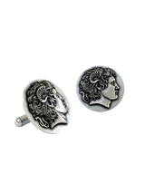 Dynamic shot of the Horns of Ammon 925 silver cufflinks pair, emphasizing the detailed hair and facial features of the conqueror.