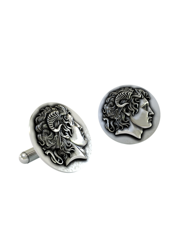 Dynamic shot of the Horns of Ammon 925 silver cufflinks pair, emphasizing the detailed hair and facial features of the conqueror.