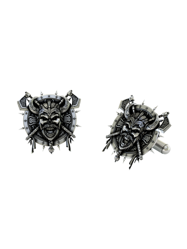 Dynamic shot of the Viking Skull 925 silver cufflinks pair, emphasizing the aggressive design and intricate Celtic knotwork on the axes.