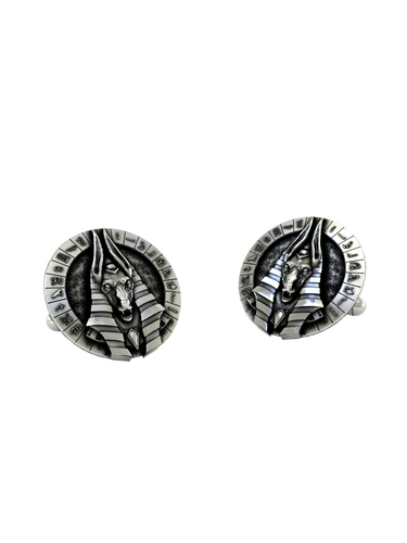 Egyptian God Anubis 925 sterling silver cufflinks - angled pair view showcasing the jackal head and hieroglyph border.