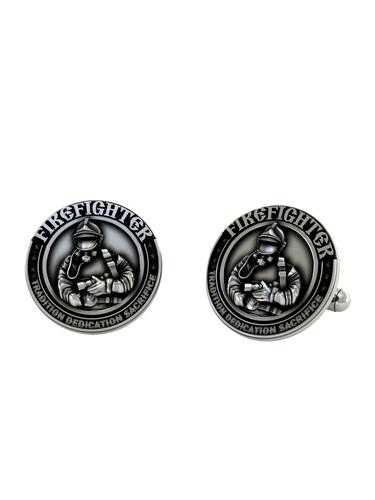 Firefighter Cufflinks in 925 sterling silver - front view showcasing the firefighter figure and "Tradition, Dedication, Sacrifice" motto.