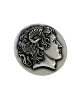Front and side profile of the Alexander the Great coin-style sterling silver cufflinks, highlighting the 3D relief of the bust.