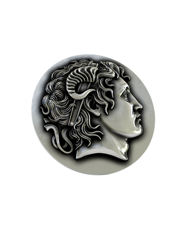 Front and side profile of the Alexander the Great coin-style sterling silver cufflinks, highlighting the 3D relief of the bust.