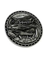 Front and side profile of the Alligator swamp scene sterling silver cufflinks, highlighting the impressive 3D depth of the wildlife design.
