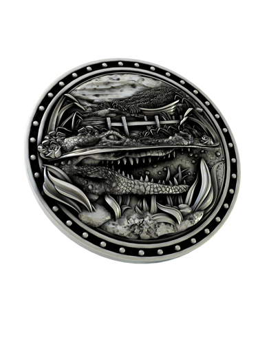 Front and side profile of the Alligator swamp scene sterling silver cufflinks, highlighting the impressive 3D depth of the wildlife design.