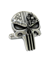 Front and side profile of the American Punisher Skull sterling silver cufflinks, highlighting the iconic shape and 3D engravings.