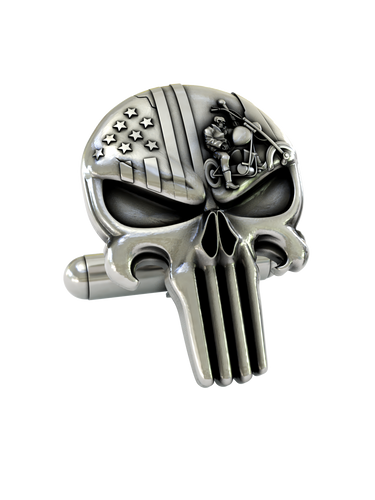 Front and side profile of the American Punisher Skull sterling silver cufflinks, highlighting the iconic shape and 3D engravings.