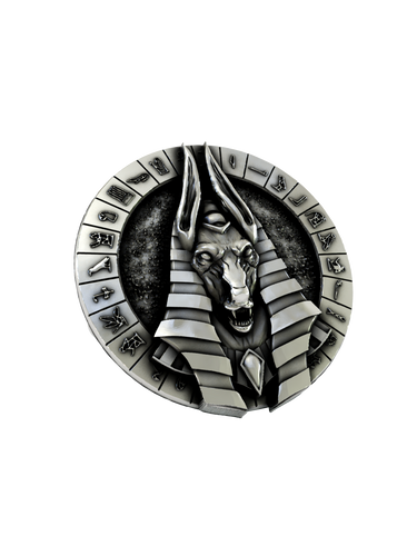 Front and side profile of the Anubis God of Afterlife sterling silver cufflinks, highlighting the 3D pharaoh headdress.