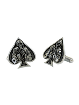 Front and side profile of the Death Ace sterling silver cufflinks, highlighting the 3D relief of the skeleton holding playing cards.