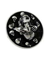 Front and side profile of the Death's Embrace sterling silver cufflinks, highlighting the 3D relief against the dark, textured background.