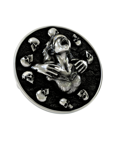 Front and side profile of the Death's Embrace sterling silver cufflinks, highlighting the 3D relief against the dark, textured background.