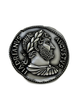 Front and side profile of the Emperor Hadrian coin sterling silver cufflinks, highlighting the 3D relief and Latin inscription.
