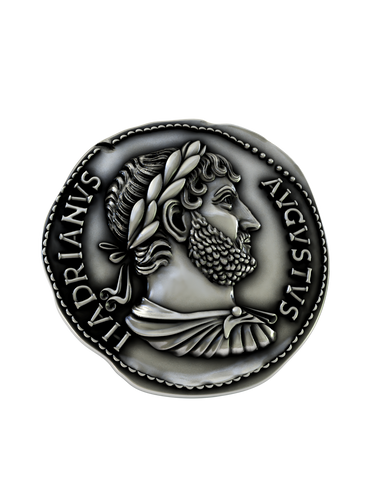 Front and side profile of the Emperor Hadrian coin sterling silver cufflinks, highlighting the 3D relief and Latin inscription.