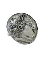 Front and side profile of the Julius Caesar coin sterling silver cufflinks, highlighting the 3D relief of the portrait and wreath.