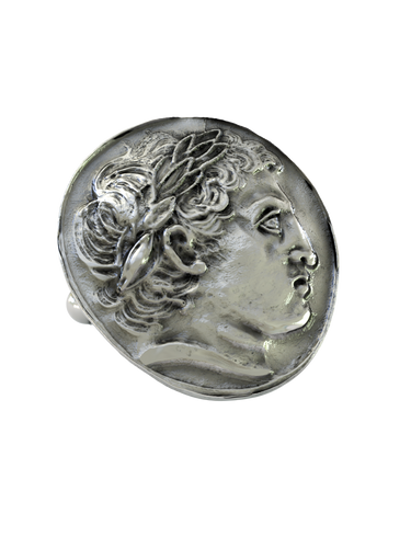 Front and side profile of the Julius Caesar coin sterling silver cufflinks, highlighting the 3D relief of the portrait and wreath.