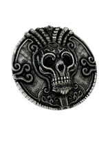 Front and side profile of the Mayan Death God sterling silver cufflinks, highlighting the 3D depth of the skull and artifact-like texture.