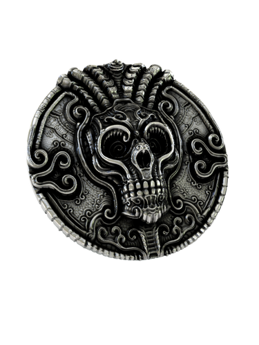 Front and side profile of the Mayan Death God sterling silver cufflinks, highlighting the 3D depth of the skull and artifact-like texture.