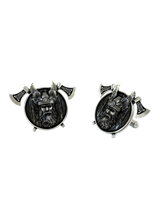Front and side profile of the Norse God Odin sterling silver cufflinks, highlighting the 3D relief of the warrior's face and detailed beard.