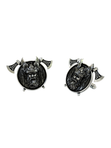 Front and side profile of the Norse God Odin sterling silver cufflinks, highlighting the 3D relief of the warrior's face and detailed beard.
