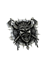 Front and side profile of the Norse Warrior Skull sterling silver cufflinks, highlighting the 3D depth of the braided beard and crossed axes.