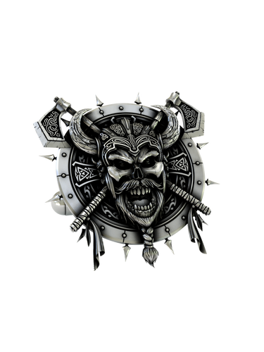 Front and side profile of the Norse Warrior Skull sterling silver cufflinks, highlighting the 3D depth of the braided beard and crossed axes.