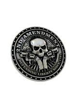 Front and side profile of the Second Amendment sterling silver cufflinks, highlighting the 3D relief of the skull and crossed revolvers.