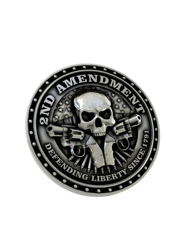 Front and side profile of the Second Amendment sterling silver cufflinks, highlighting the 3D relief of the skull and crossed revolvers.