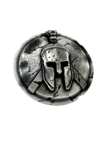 Front and side profile of the Spartan Helmet sterling silver cufflinks, highlighting the dimensional relief and the ancient, weathered texture.