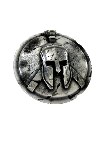 Front and side profile of the Spartan Helmet sterling silver cufflinks, highlighting the dimensional relief and the ancient, weathered texture.