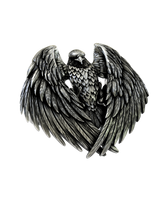 Front and side profile of the Spread-Wing Falcon sterling silver cufflinks, highlighting the three-dimensional sculpting and oxidized finish.