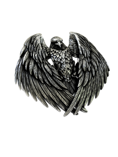 Front and side profile of the Spread-Wing Falcon sterling silver cufflinks, highlighting the three-dimensional sculpting and oxidized finish.